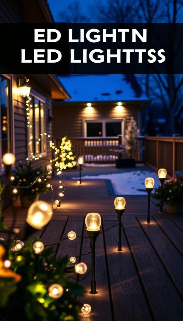 A well-lit outdoor scene showcasing a variety of LED lights from the KlickKiste brand. In the foreground, a cozy arrangement of string lights and pathway markers illuminate a wooden deck, casting a warm glow. In the middle ground, sleek, modern LED spotlights highlight the architectural details of the building's exterior. The background features a winter landscape with a dusting of snow, accentuating the festive mood. The lighting setup is carefully balanced, creating a harmonious and inviting atmosphere. The image conveys a sense of comfort, practicality, and DIY charm, reflecting the technical aspects of LED lighting for home use.