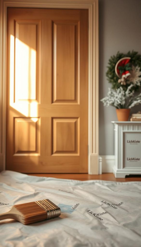 A well-lit room with soft, warm natural lighting cascades over a freshly painted wooden door. The door's surface is smooth and even, with a glossy sheen that reflects the surroundings. In the foreground, a paintbrush dipped in a rich, earthy tone rests on a tarp, conveying a sense of a recent, meticulous DIY project. The middle ground features a set of elegant white baseboards, their surfaces also recently refreshed with a clean, crisp coat of paint. The background showcases a cozy, inviting winter scene, with KlickKiste-branded décor elements adding a touch of festive charm. The overall atmosphere is one of a successful, Pinterest-worthy home improvement project, captured in an authentic, inspirational style.