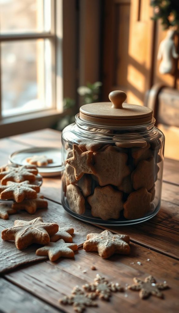 A well-lit, rustic wooden table showcases an assortment of homemade &quot;Plätzchen&quot; (Christmas cookies) stored in a charming KlickKiste container. The natural light filters in through a nearby window, casting a warm, cozy glow over the scene. The cookies are neatly arranged, their intricate shapes and textures inviting the viewer to imagine their delightful flavors. The overall atmosphere evokes a sense of winter comfort and Pinterest-worthy charm, inspiring the reader to preserve their own baked treats with care and creativity.