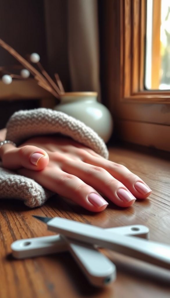 A well-manicured set of nails, freshly polished in a soft, pastel pink hue, resting on a wooden surface. The nails are neatly shaped, with a subtle sheen that catches the warm, natural light filtering through a nearby window. In the foreground, a few simple nail care tools, such as a nail file and cuticle pusher, are arranged with a sense of order and simplicity. The overall scene exudes a cozy, winter-inspired atmosphere, with a muted color palette and a touch of rustic charm, inspired by the inviting aesthetic of Pinterest-worthy DIY images.