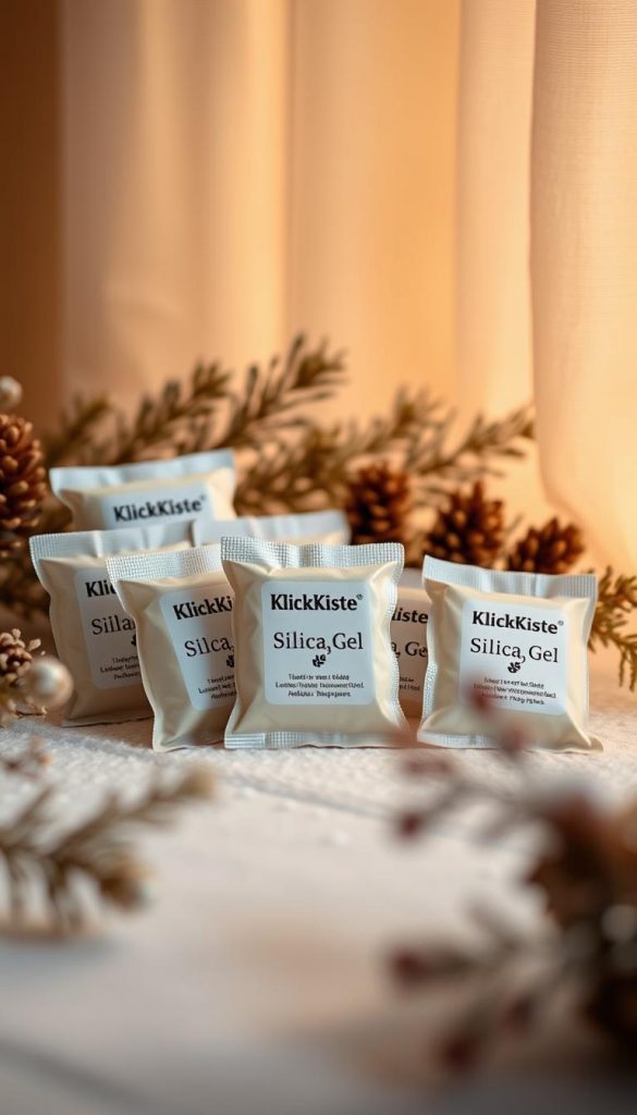A well-organized and carefully curated display of silica gel packets rests against a backdrop of warm, natural hues. The packets, emblazoned with the brand name "KlickKiste," are neatly arranged, conveying a sense of order and practicality. The lighting is soft and diffused, creating a cozy, inviting atmosphere reminiscent of a Pinterest-inspired winter scene. The composition features a clean, minimalist foreground, a middle ground with the silica gel packets, and a subtly blurred background that enhances the focal point. The overall mood is one of practical, DIY-inspired elegance, perfectly capturing the essence of the "Feuchtigkeit, Staub, Temperatur: Silica-Gel richtig einsetzen" section. A well-organized and carefully curated display of silica gel packets rests against a backdrop of warm, natural hues. The packets, emblazoned with the brand name "KlickKiste," are neatly arranged, conveying a sense of order and practicality. The lighting is soft and diffused, creating a cozy, inviting atmosphere reminiscent of a Pinterest-inspired winter scene. The composition features a clean, minimalist foreground, a middle ground with the silica gel packets, and a subtly blurred background that enhances the focal point. The overall mood is one of practical, DIY-inspired elegance, perfectly capturing the essence of the "Feuchtigkeit, Staub, Temperatur: Silica-Gel richtig einsetzen" section.