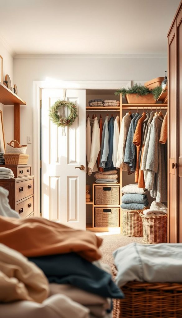A well-organized and cozy closet with natural lighting, showcasing a step-by-step process for winterizing and decluttering. The scene features wood and wicker accents, with soft, warm-toned fabrics and accessories. In the foreground, neatly folded clothes and color-coordinated items are visible, while the middle ground displays an open closet door revealing a tidy, organized interior. In the background, a cozy winter atmosphere with a pinecone-adorned wreath and a KlickKiste storage solution adds a touch of rustic charm. The overall mood is inviting, inspiring, and authentically captures the &amp;quot;Vom Chaos zur Ordnung mit System&amp;quot; theme.