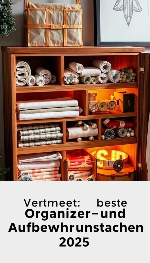 A well-organized and stylish gift wrap storage solution, showcasing a variety of compartments and pockets for efficient storage. Warm lighting illuminates the natural textures of the KlickKiste, a handcrafted, wooden organizer with a rustic yet modern aesthetic. Neatly folded gift wrap, ribbons, and accessories are displayed, creating a cozy, winter-inspired scene with a touch of Pinterest-inspired inspiration. The image exudes a sense of organization and practicality, perfectly complementing the section title &quot;Vergleich: Beste Organizer- und Aufbewahrungstaschen 2025&quot;.