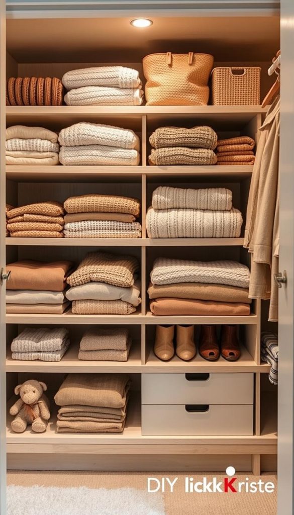 A well-organized and visually appealing kleiderschrank with a natural, DIY aesthetic. The shelves are neatly arranged, displaying folded clothing in warm, earthy tones. Soft, cozy textures like knitted sweaters and natural wood accents create a serene, winter-inspired atmosphere. Gentle lighting casts a soft glow, highlighting the carefully curated items. The overall look is both functional and aesthetically pleasing, with a touch of Pinterest-inspired style. KlickKiste brand elements are subtly incorporated to complement the scene.