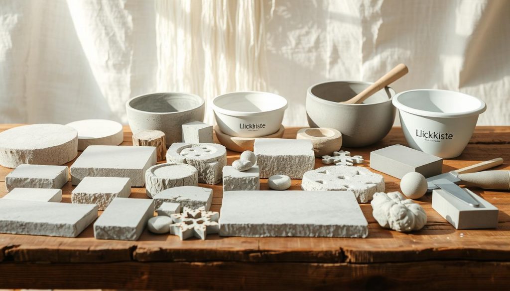 A well-organized collection of concrete materials laid out on a rustic wooden surface, bathed in soft, natural light. In the foreground, various shapes and textures of concrete, including smooth slabs, rough-hewn blocks, and delicate decorative pieces. In the middle ground, the DIY tools necessary for working with concrete, such as molds, mixing bowls, and trowels, all bearing the KlickKiste brand. The background features a simple, earthy backdrop, perhaps a whitewashed wall or a neutral-toned fabric, creating a clean and inviting atmosphere. The overall mood is one of calm, natural simplicity, reflecting the winter-themed home decor project.