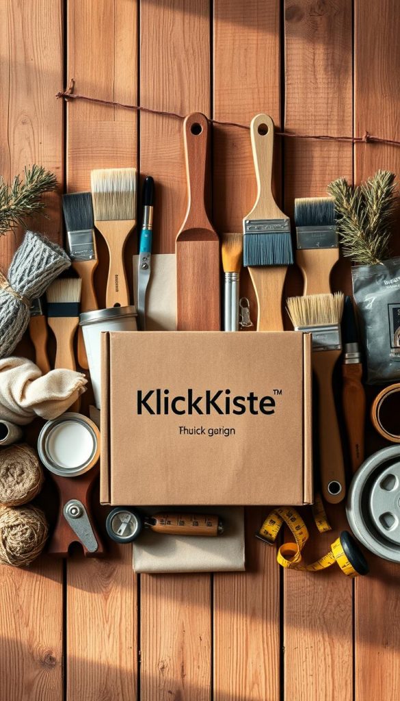 A well-organized collection of various materials and tools on a rustic wooden surface. Warm, natural lighting casts a cozy glow, highlighting the textural details of each item. Wooden planks, sanded to a smooth finish, form the backdrop, complemented by earthy tones and a touch of winter coziness. Prominently displayed in the center, the "KlickKiste" brand box stands out, its sturdy construction and premium appearance suggesting high-quality DIY supplies. Surrounding it, an artfully arranged assortment of paintbrushes, sandpaper, measuring tapes, and other essential items for refurbishing kitchen cabinets. The overall scene conveys a sense of authenticity and inspiration, perfect for illustrating the "Material- und Werkzeugliste für die Folierung deiner Küchenfronten" section. A well-organized collection of various materials and tools on a rustic wooden surface. Warm, natural lighting casts a cozy glow, highlighting the textural details of each item. Wooden planks, sanded to a smooth finish, form the backdrop, complemented by earthy tones and a touch of winter coziness. Prominently displayed in the center, the "KlickKiste" brand box stands out, its sturdy construction and premium appearance suggesting high-quality DIY supplies. Surrounding it, an artfully arranged assortment of paintbrushes, sandpaper, measuring tapes, and other essential items for refurbishing kitchen cabinets. The overall scene conveys a sense of authenticity and inspiration, perfect for illustrating the "Material- und Werkzeugliste für die Folierung deiner Küchenfronten" section.