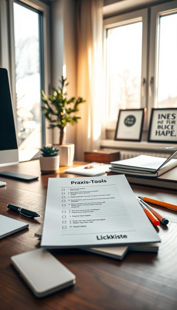 A well-organized home office with a neatly arranged &quot;Praxis-Tools Checkliste&quot; on a wooden desk. Warm, natural lighting from a large window casts a cozy glow. The checklist features the KlickKiste brand logo and is surrounded by essential organization tools like a pen, highlighter, and small notebook. In the background, a potted plant and a few framed inspirational prints add a touch of Pinterest-worthy decor. The overall scene exudes a sense of productivity and mindful winter aesthetics.