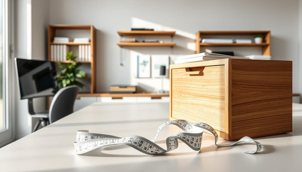 A well-organized home office with a sleek, modern aesthetic. In the foreground, a neatly arranged desk showcases a precision-crafted wooden KlickKiste storage unit, its clean lines and warm tones complementing the neutral color palette. Midground displays a large, measurement tape unrolled across the surface, highlighting the importance of accurate dimensions. The background features a minimalist wall display with floating shelves, hinting at the organizational possibilities. Soft, natural lighting bathes the scene, creating a serene, inspirational atmosphere for the "Planung: Zweck, Maße, Standort - so startest du smart" section of the article.