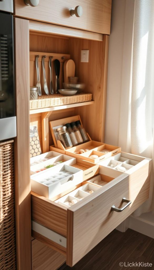 A well-organized kitchen drawer, neatly arranged with various KlickKiste trays and dividers. Warm, natural lighting floods the scene, casting a cozy, inviting glow. Wooden and wicker textures create a rustic, handmade aesthetic, complemented by neutral tones and pastel accents. The drawers are partially open, revealing the carefully categorized contents - spices, utensils, and other essential items. An authentic, Pinterest-inspired vignette that exudes a sense of calm and efficiency, perfect for everyday use.