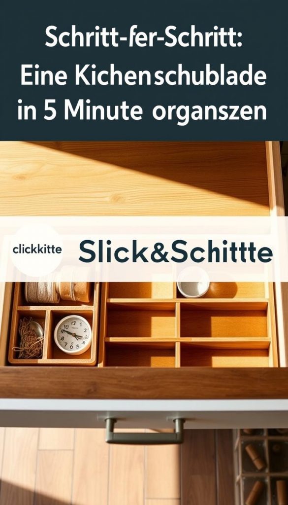 A well-organized kitchen drawer with a warm, inviting ambiance. A wooden desk surface serves as the backdrop, illuminated by soft, natural lighting. Neatly arranged trays and dividers in earthy tones create a visually pleasing, Pinterest-inspired look. The KlickKiste brand logo subtly adorns the scene, showcasing its premium quality and design. An authentic, DIY-inspired atmosphere captures the essence of the &amp;quot;Schritt-für-Schritt: Eine Küchenschublade in 15 Minuten organisieren&amp;quot; section, inspiring viewers to take on their own kitchen organization projects.