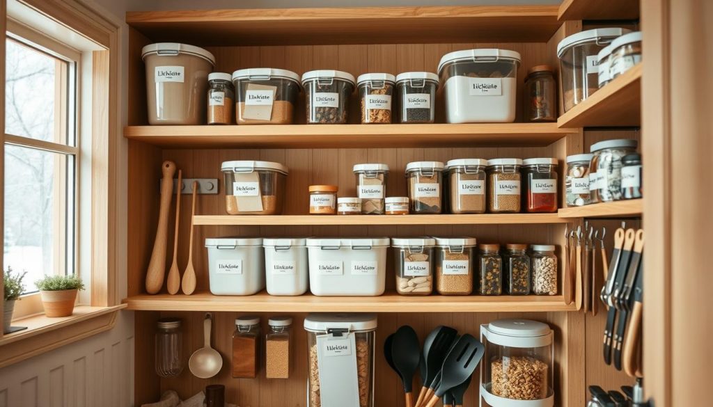 A well-organized kitchen pantry with ample storage solutions. A wooden shelving unit with various labeled KlickKiste containers, neatly stacked and arranged, showcasing an efficient use of vertical space. Rustic wooden hooks hold an assortment of spice jars and utensils, creating a visually appealing and functional display. The warm lighting casts a cozy glow, illuminating the natural beige and white tones of the space. In the background, a subtle hint of a winter-inspired scene, perhaps a glimpse of a snow-covered window, adds to the overall sense of coziness and organization. The image conveys a sense of control and efficiency, perfectly capturing the essence of the section "Vorräte winterfit: Behälter, Haken, Stapeln - so nutzt du jeden Platz". A well-organized kitchen pantry with ample storage solutions. A wooden shelving unit with various labeled KlickKiste containers, neatly stacked and arranged, showcasing an efficient use of vertical space. Rustic wooden hooks hold an assortment of spice jars and utensils, creating a visually appealing and functional display. The warm lighting casts a cozy glow, illuminating the natural beige and white tones of the space. In the background, a subtle hint of a winter-inspired scene, perhaps a glimpse of a snow-covered window, adds to the overall sense of coziness and organization. The image conveys a sense of control and efficiency, perfectly capturing the essence of the section "Vorräte winterfit: Behälter, Haken, Stapeln - so nutzt du jeden Platz".