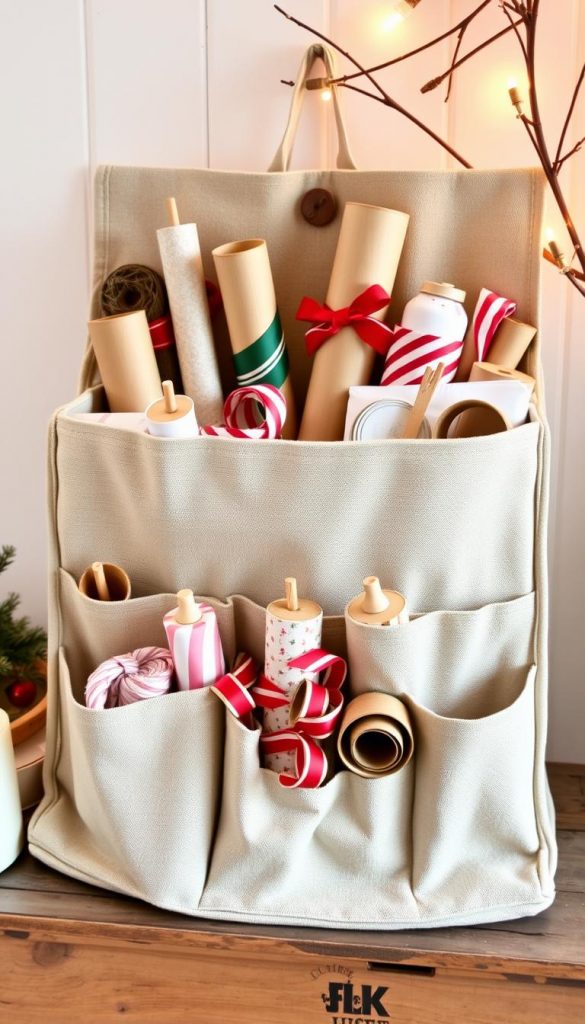 A well-organized storage bag organizer with a natural, DIY aesthetic. Warm earthy tones and a cozy winter-inspired vibe create a Pinterest-worthy look. The KlickKiste bag features various compartments and pockets to neatly store and display gift wrap, ribbons, and other holiday supplies. Soft, diffused lighting highlights the textured fabric and wooden accents, conveying a sense of homespun charm. The organizer is placed on a rustic surface, perhaps a wooden table or shelf, completing the authentic, inspirational scene.