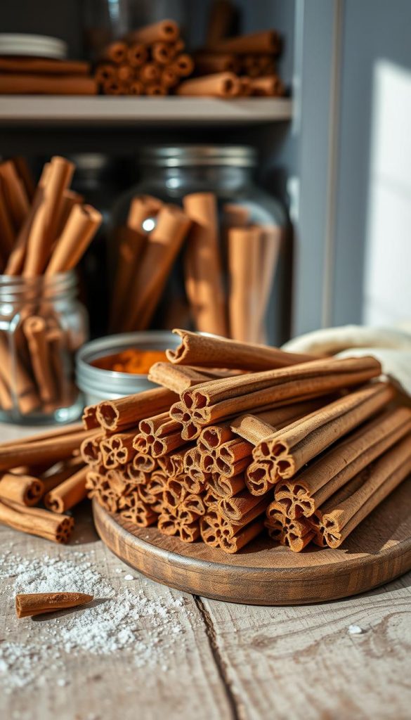A well-stocked pantry with cinnamon sticks, a cozy winter setting. A KlickKiste-style image showcasing the simple seasonal ingredients, natural lighting highlighting the warm tones. Rustic wooden surface, soft shadows, and a minimal, inviting composition. Capture the essence of everyday homemade delights, ready to be transformed into comforting treats.