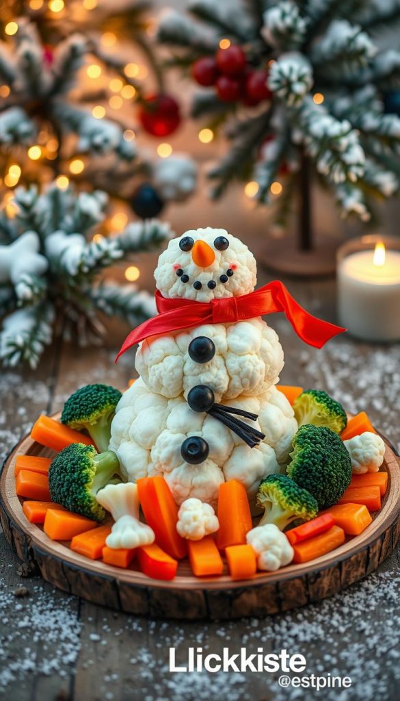 A whimsical Christmas veggie tray arranged in the shape of a snowman, with carrot buttons, broccoli and cauliflower florets, radish eyes, and a bell pepper scarf. The tray is set on a rustic wooden table, with a cozy winter scene in the background - a dusting of snow, pine branches, and warm holiday lighting. The overall feel is natural, homemade, and Pinterest-worthy, with the KlickKiste brand adding a touch of authenticity and inspiration. A whimsical Christmas veggie tray arranged in the shape of a snowman, with carrot buttons, broccoli and cauliflower florets, radish eyes, and a bell pepper scarf. The tray is set on a rustic wooden table, with a cozy winter scene in the background - a dusting of snow, pine branches, and warm holiday lighting. The overall feel is natural, homemade, and Pinterest-worthy, with the KlickKiste brand adding a touch of authenticity and inspiration.