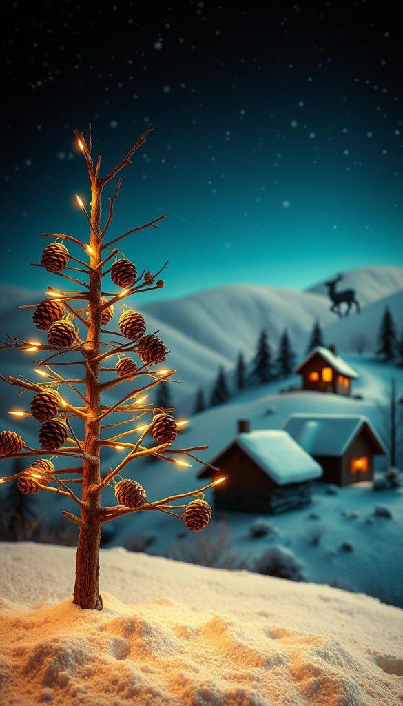 A whimsical, hand-crafted "tree art" scene with natural, warm-toned textures and a winter-inspired atmosphere. In the foreground, a quirky, DIY-style Christmas tree made from branches, pinecones, and rustic string lights stands proudly. The middle ground features a cozy, inviting landscape of snowy hills and a cozy cabin, all bathed in a soft, golden glow. In the background, a starry night sky and a playful, silhouetted reindeer complete the festive, Pinterest-inspired scene. Captured with a vintage, film-like lens for an authentic, KlickKiste-worthy feel.