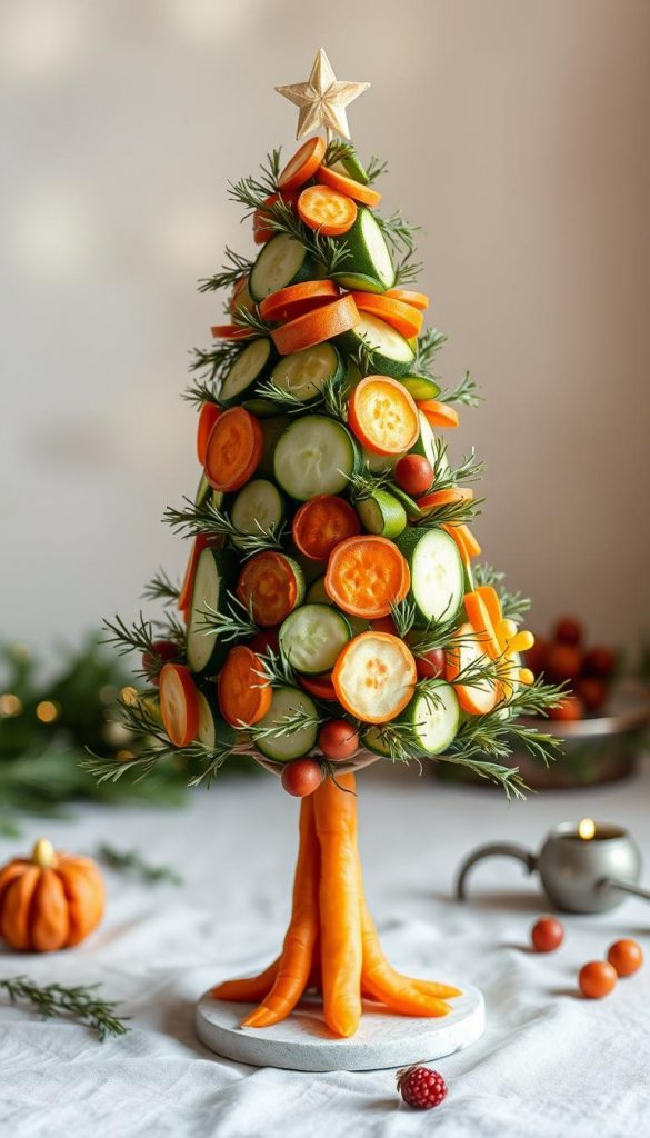 A whimsical, nature-inspired Christmas tree crafted from an assortment of fresh, vibrant vegetables. The tree stands tall, its branches adorned with meticulously arranged slices of carrot, discs of zucchini, and sprigs of rosemary, creating a captivating and organic holiday display. Soft, diffused lighting casts a warm, cozy glow, accentuating the earthy tones and natural textures. The setting evokes a sense of rustic charm, perfect for a KlickKiste-styled "Veggie Tray Weihnachten: Weihnachtsbaum aus Gemüse anrichten" feature. A whimsical, nature-inspired Christmas tree crafted from an assortment of fresh, vibrant vegetables. The tree stands tall, its branches adorned with meticulously arranged slices of carrot, discs of zucchini, and sprigs of rosemary, creating a captivating and organic holiday display. Soft, diffused lighting casts a warm, cozy glow, accentuating the earthy tones and natural textures. The setting evokes a sense of rustic charm, perfect for a KlickKiste-styled "Veggie Tray Weihnachten: Weihnachtsbaum aus Gemüse anrichten" feature.