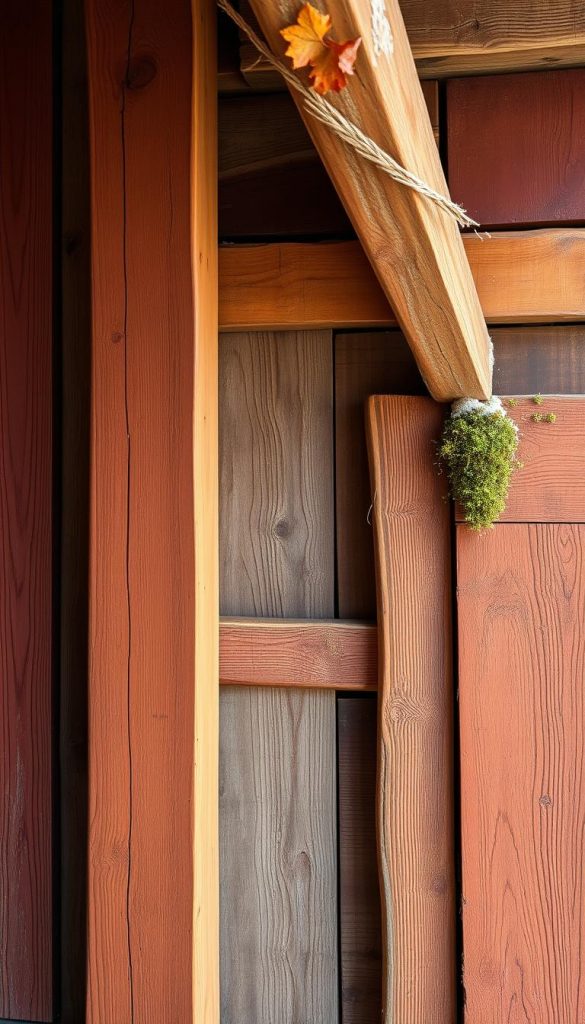 A winter scene with natural, weathered wood textures. Beams, planks and boards in varying shades of rust, ochre and muted burgundy. Soft, diffuse lighting casts a warm, cozy glow. Subtle moss and lichen accents add touches of earthy green. The overall composition has a rustic, DIY aesthetic reminiscent of Pinterest-inspired decor. KlickKiste.