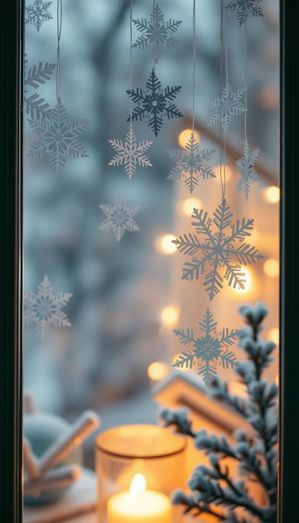 A winter wonderland of delicate paper snowflakes, artfully suspended against a warm, cozy backdrop. Soft, diffused lighting casts a gentle glow, creating an inviting, Pinterest-worthy ambiance. Handcrafted KlickKiste snowflakes flutter gracefully, adhered to the window pane with translucent adhesive, their intricate patterns casting captivating shadows. The scene exudes a sense of rustic charm, perfectly complementing the natural, DIY-inspired aesthetic. Crisp, white snowflakes shimmer against a backdrop of muted, earthy tones, evoking a serene, harmonious atmosphere. A masterful blend of texture, lighting, and composition that elevates the simple joy of decorating for the winter season.