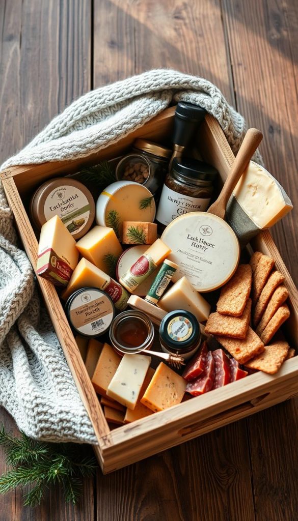 A wooden crate filled with an assortment of artisanal food items, including a variety of cheeses, cured meats, honey, jam, and crackers. The crate is arranged on a rustic wooden surface, with a cozy knit blanket and pine branches scattered around, evoking a winter-inspired, homemade vibe. Warm, natural lighting casts a soft glow, creating a Pinterest-worthy &amp;quot;KlickKiste&amp;quot; scene. The overall mood is authentic, inviting, and visually appetizing.