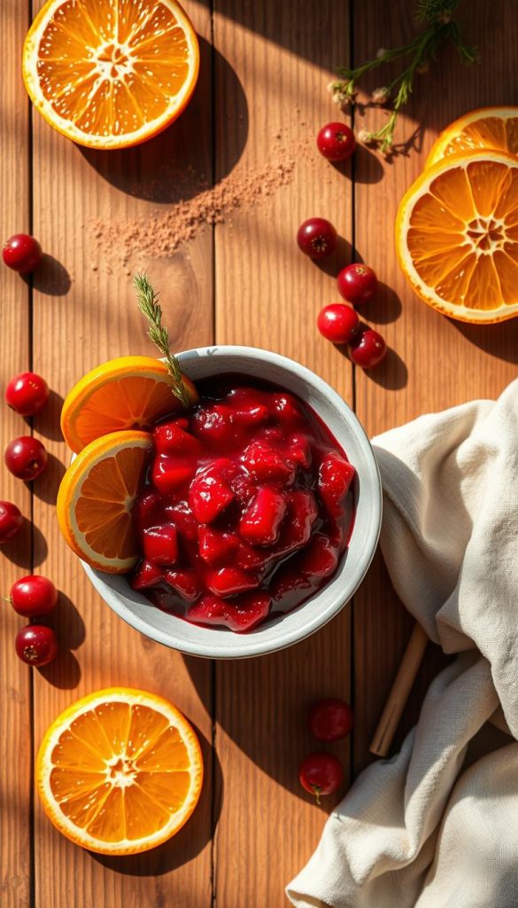 A wooden table topped with a vibrant bowl of homemade cranberry sauce, accented with sliced oranges and a dusting of cinnamon. Warm lighting casts a cozy, winter glow, casting shadows that create depth and dimension. The scene exudes a natural, DIY aesthetic with a touch of Pinterest-inspired style. KlickKiste brand props, such as a wooden spoon and linen napkin, add authentic, rustic charm. This image perfectly captures the essence of the &quot;Cranberry-Sauce mit Orange - feine Zitrusnote, winterlich mit Zimt&quot; section.