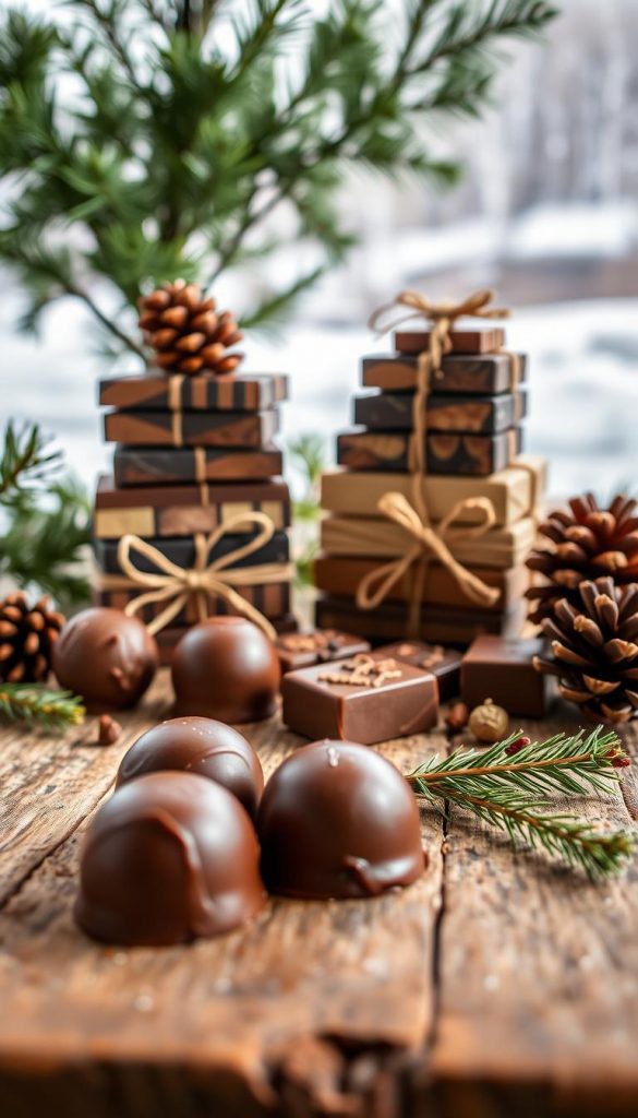 An artfully arranged still life showcasing a variety of handcrafted chocolate gifts. In the foreground, a set of rich, decadent chocolate truffles rests on a rustic wooden surface, their glossy surfaces reflecting the warm, soft lighting. In the middle ground, a stack of beautifully wrapped chocolate bars in a variety of flavors, adorned with natural accents like twine and pinecones, creating a cozy, winter-inspired scene. The background features a backdrop of lush greenery and a glimpse of a snowy landscape, conveying a sense of warmth and comfort. The overall mood is one of homemade indulgence, perfect for the &quot;Süße Geschenke aus der Küche: schnell gemacht, lange Freude&quot; section. Captured with a shallow depth of field and a natural, soft-focus aesthetic, this KlickKiste image embodies the authentic, Pinterest-inspired vibe of the article.