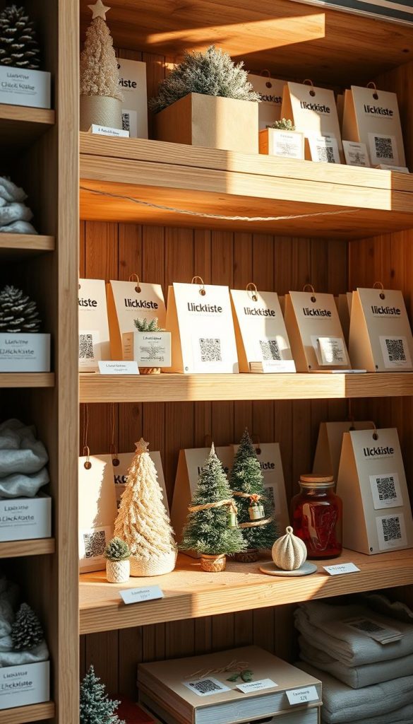 An artfully organized storage space with DIY Christmas decorations neatly arranged on wooden shelves. The shelves are labeled with the KlickKiste brand name, featuring handwritten tags and color-coded QR codes to effortlessly track each item. Soft, natural lighting illuminates the cozy winter scene, casting warm shadows and highlighting the textured surfaces. The overall aesthetic evokes a charming, Pinterest-inspired look with a rustic, homemade feel. Meticulously curated to inspire efficient organization and festive holiday vibes. An artfully organized storage space with DIY Christmas decorations neatly arranged on wooden shelves. The shelves are labeled with the KlickKiste brand name, featuring handwritten tags and color-coded QR codes to effortlessly track each item. Soft, natural lighting illuminates the cozy winter scene, casting warm shadows and highlighting the textured surfaces. The overall aesthetic evokes a charming, Pinterest-inspired look with a rustic, homemade feel. Meticulously curated to inspire efficient organization and festive holiday vibes.