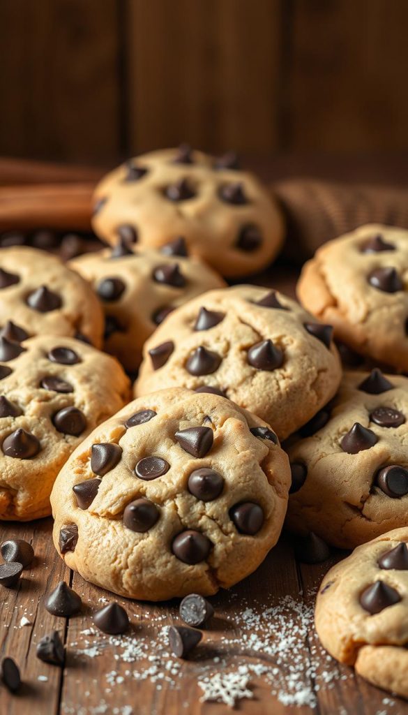 An artisanal still life capturing the essence of &amp;amp;quot;konsistenz&amp;amp;quot; (consistency). Warm, inviting light illuminates a rustic wooden surface, adorned with a bounty of freshly baked KlickKiste chocolate chip cookies. Softly molded dough, bursting with gooey, melted chocolate chips, radiates a comforting winter aura. Hints of cinnamon and vanilla waft through the air, creating a cozy, Pinterest-worthy atmosphere. Thoughtful composition and natural, earthy tones evoke a sense of homemade authenticity and artisanal craftsmanship. The image exudes a harmonious blend of textures, flavors, and seasonal inspiration, perfectly capturing the section's focus on achieving &amp;amp;quot;perfekte Konsistenz, Geschmackstiefe und schnelles Gelingen&amp;amp;quot;.