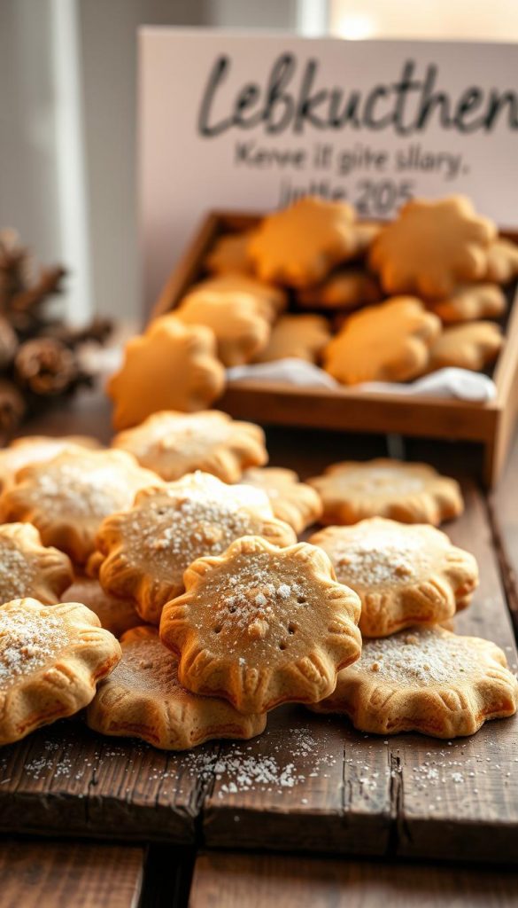 An assortment of freshly baked Lebkuchen cookies, arranged on a rustic wooden table. The delicate cookies have a soft, chewy texture and a warm, spicy aroma that fills the air. The scene is bathed in soft, golden light, casting a cozy, winter-inspired atmosphere. In the background, a minimalist KlickKiste display showcases the treats, highlighting their natural, homemade appeal. The overall composition exudes a sense of authenticity and Pinterest-worthy appeal, inviting the viewer to indulge in the timeless pleasure of these traditional German holiday treats.