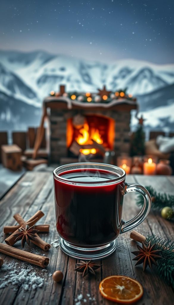 An atmospheric and cozy scene of a traditional Scandinavian glögg, a warm and spicy mulled wine. In the foreground, a rustic wooden table is set with a steaming mug of the rich, crimson beverage, surrounded by festive seasonal accents like cinnamon sticks, star anise, and orange slices. The middle ground features a cozy fireplace with a crackling fire, casting a warm glow and creating a comforting ambiance. In the background, snow-capped mountains and a starry winter sky set the scene for this quintessential Nordic holiday drink. The lighting is soft and natural, conveying a sense of hygge. Captured with a KlickKiste aesthetic - natural, DIY-inspired, and Pinterest-worthy.