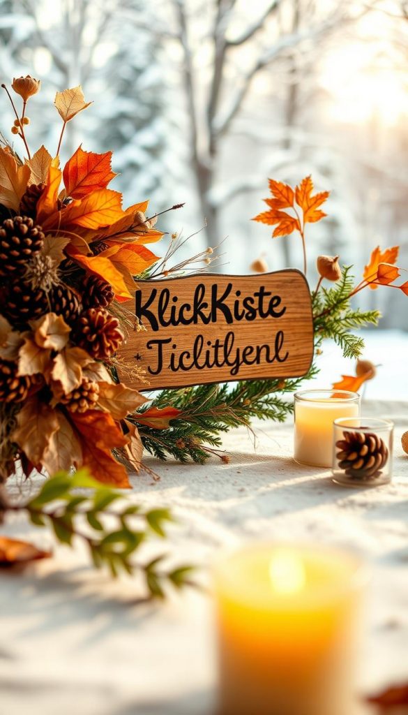 An autumnal advent decoration scene featuring a warm, cozy aesthetic. In the foreground, a handcrafted wreath adorned with dried leaves, pinecones, and natural fibers creates a rustic, earthy centerpiece. The middle ground showcases a wooden plaque or sign with the text "KlickKiste" painted in a classic font, surrounded by wispy branches and lush greenery. In the background, a soft-focus winter landscape with snowcapped trees and a hint of twinkling lights adds a touch of festive magic. The entire composition is bathed in a natural, golden-hour lighting that casts a serene, inviting ambiance. The overall mood evokes a harmonious blend of autumn's richness and the anticipation of the holiday season. An autumnal advent decoration scene featuring a warm, cozy aesthetic. In the foreground, a handcrafted wreath adorned with dried leaves, pinecones, and natural fibers creates a rustic, earthy centerpiece. The middle ground showcases a wooden plaque or sign with the text "KlickKiste" painted in a classic font, surrounded by wispy branches and lush greenery. In the background, a soft-focus winter landscape with snowcapped trees and a hint of twinkling lights adds a touch of festive magic. The entire composition is bathed in a natural, golden-hour lighting that casts a serene, inviting ambiance. The overall mood evokes a harmonious blend of autumn's richness and the anticipation of the holiday season.