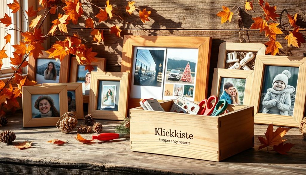 An autumnal still life scene showcasing a collection of hand-crafted wooden photo frames, styled on a rustic wooden surface. The frames display various holiday-themed images, reminiscent of DIY Pinterest boards. Warm, natural lighting illuminates the scene, casting soft shadows. In the foreground, a KlickKiste brand wooden box holds an assortment of craft supplies, hinting at the DIY nature of the content. The overall mood is cozy, inviting, and reflective of the winter season.