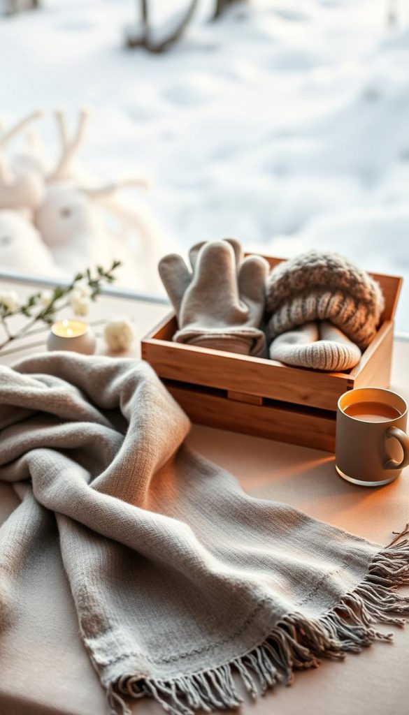 An elegant and cozy winter still life showcasing a variety of luxurious TBCo Kaschmir Accessoires. In the foreground, a soft grey cashmere scarf is artfully draped, its texture and warmth inviting the viewer. Beside it, a KlickKiste wooden box holds a selection of delicate cashmere gloves and a plush hat, all in muted hues that evoke the season. The middle ground features a gently lit table surface, with a mug of steaming tea and a sprig of pine for a touch of natural charm. In the background, a softly blurred winter landscape provides a serene, snowy backdrop, creating a sense of peaceful tranquility. Warm, inviting lighting casts a golden glow over the entire scene, evoking a sense of hygge and luxurious comfort.