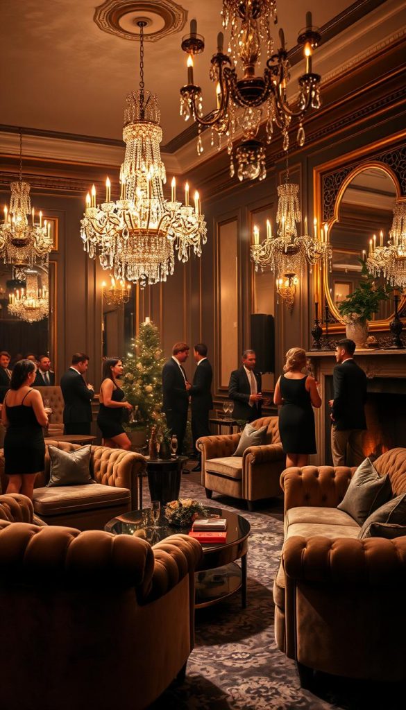 An elegant and festive Silvesterparty with a glitzy, glamorous atmosphere. The scene depicts a luxurious living room or event space, filled with plush velvet furniture, sparkling chandeliers, and a grand fireplace. Sophisticated partygoers in formal attire mingle amidst a backdrop of warm, inviting lighting and hints of gold, silver, and black accents. A sense of refined opulence and celebratory energy permeates the space, evoking the timeless charm of a Great Gatsby-inspired New Year's Eve soirée. Soft, diffused lighting creates a dreamy, cinematic mood, while the overall composition highlights the cozy, intimate yet decadent ambiance of the Motto-Silvester event.