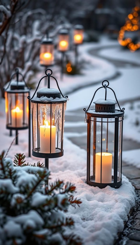 An elegant arrangement of handcrafted garden lanterns, their warm glow casting a cozy ambiance amidst a wintry scene. Delicate icicles adorn the wrought-iron frames, while the soft light reflects off the freshly fallen snow. The lanterns are positioned along a winding path, guiding the way through the serene landscape. Subtle pine accents and a touch of rustic charm create a sense of natural, homespun beauty. The overall atmosphere is one of inviting tranquility, perfect for illuminating an outdoor winter wonderland. An elegant arrangement of handcrafted garden lanterns, their warm glow casting a cozy ambiance amidst a wintry scene. Delicate icicles adorn the wrought-iron frames, while the soft light reflects off the freshly fallen snow. The lanterns are positioned along a winding path, guiding the way through the serene landscape. Subtle pine accents and a touch of rustic charm create a sense of natural, homespun beauty. The overall atmosphere is one of inviting tranquility, perfect for illuminating an outdoor winter wonderland.