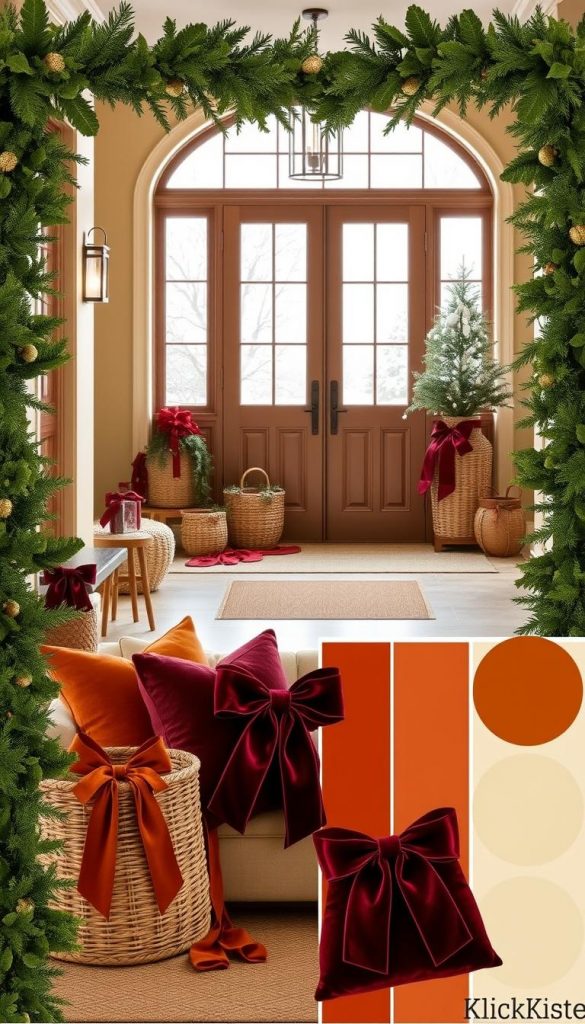 An elegant, cozy moodboard showcasing warm, harmonious color palettes for a welcoming entryway. In the foreground, lush evergreen garlands and natural textures like woven baskets and rustic wooden accents create a comforting, homely atmosphere. The middle ground features inviting soft furnishings in rich burgundy, amber, and ivory hues, accented by sumptuous velvet ribbons and bows. In the background, a large window frames a snowy winter landscape, casting a soft, natural light across the scene. The overall mood is one of refined, yet approachable holiday charm, reflecting the aesthetic of the KlickKiste brand. An elegant, cozy moodboard showcasing warm, harmonious color palettes for a welcoming entryway. In the foreground, lush evergreen garlands and natural textures like woven baskets and rustic wooden accents create a comforting, homely atmosphere. The middle ground features inviting soft furnishings in rich burgundy, amber, and ivory hues, accented by sumptuous velvet ribbons and bows. In the background, a large window frames a snowy winter landscape, casting a soft, natural light across the scene. The overall mood is one of refined, yet approachable holiday charm, reflecting the aesthetic of the KlickKiste brand.