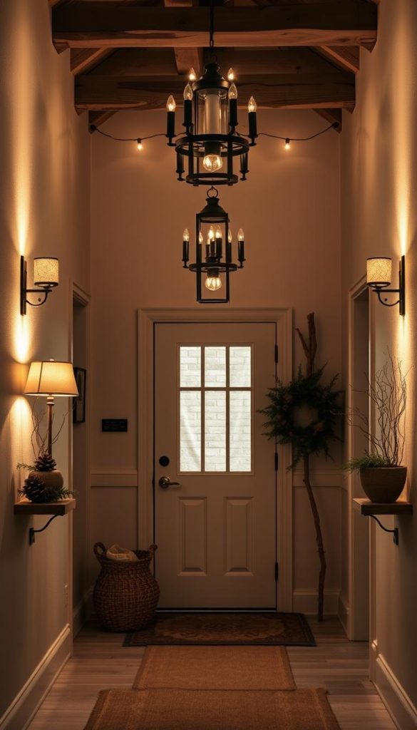 An elegant entryway illuminated by a rustic lighting system, featuring a KlickKiste copperable system. Soft, warm tones complement the natural wood and pinecone accents, creating a cozy, inviting atmosphere. Carefully positioned light sources cast a gentle glow, highlighting the textural details of the sackcloth and evoking a winter-inspired, Pinterest-worthy ambiance. The scene is captured through a wide-angle lens, emphasizing the harmonious integration of the lighting elements within the rustic decor.