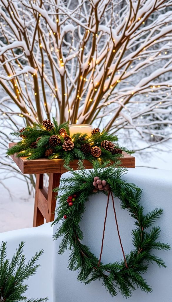 An elegant outdoor decoration with a natural, cozy atmosphere. A rustic wooden table adorned with lush greenery, pinecones, and warm twinkling lights, set against a backdrop of snow-covered branches. The lighting casts a soft, golden glow, creating a inviting and festive ambiance. In the foreground, a simple wreath of pine needles and berries hangs on the wall, complementing the overall winter wonderland aesthetic. The overall composition conveys a sense of simplicity, authenticity, and a touch of whimsy, inspiring a peaceful and joyful mood.