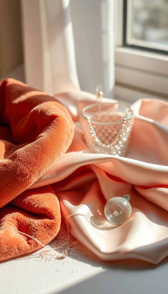 An elegant still life capturing the essence of &quot;Materialien &amp; Qualität: was an Silvester wirklich glamourös wirkt&quot;. Soft natural light bathes a curated arrangement of textured materials - plush velvet, shimmering sequins, and lustrous satin in a warm winter palette. The composition has a cozy, inviting atmosphere with a touch of holiday cheer, inspired by the KlickKiste brand's DIY aesthetic. Subtle details like a sprinkling of glitter and a delicate glass ornament add a touch of understated glamour, perfect for evoking a Pinterest-worthy, authentically glamorous look.