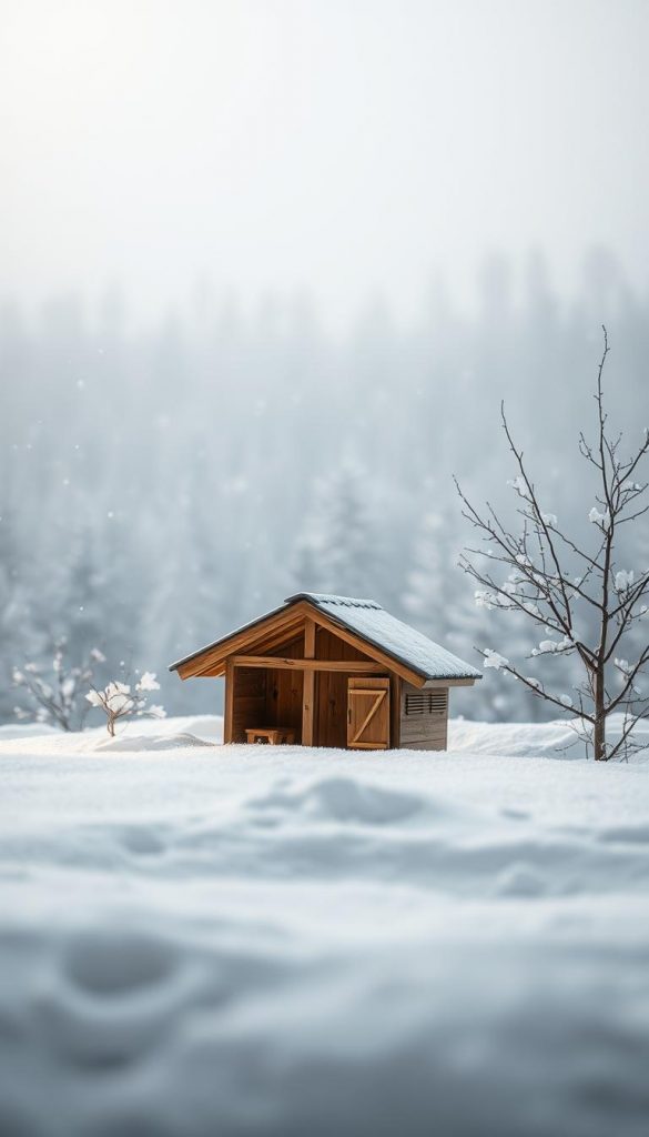 An enchanting scene of a rustic &quot;vorlage&quot; nestled amidst a cozy winter wonderland. In the foreground, the handmade wooden structure sits atop a bed of freshly fallen snow, its warm wooden tones complementing the muted palette of the surrounding landscape. Soft, diffused lighting casts a gentle glow, creating a sense of tranquility and inviting the viewer to step into this serene, winter-inspired setting. In the middle ground, delicate snowflakes drift lazily, adding a touch of whimsy, while the background features a dreamy, hazy forest backdrop, blanketed in a layer of pristine white. The overall composition exudes a charming, homemade aesthetic, perfectly capturing the essence of a joyful, family-friendly DIY project for the holidays.