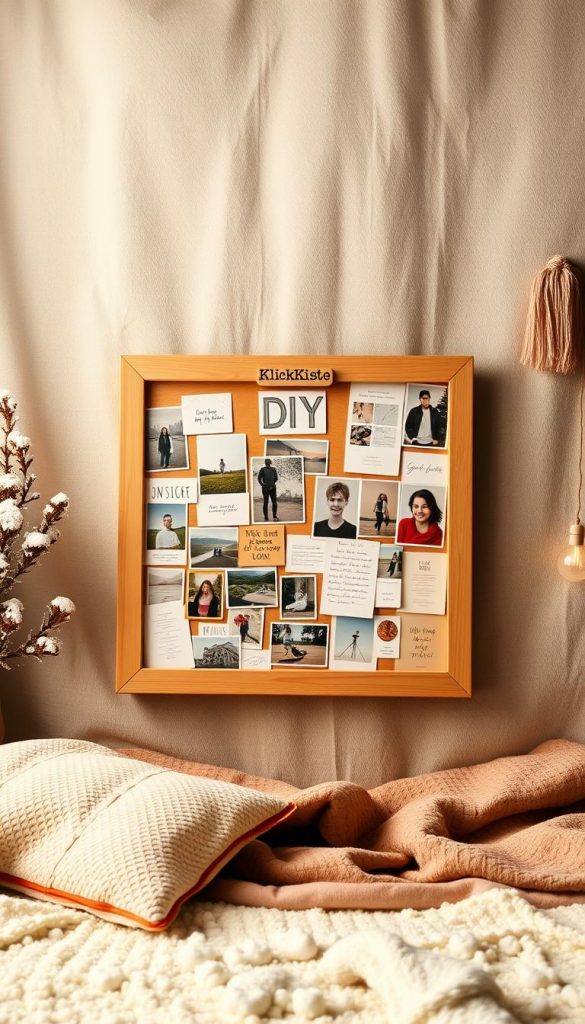 An inspirational vision board against a cozy winter backdrop, showcasing a range of DIY images and materials in a warm, natural palette. Centered on a simple wooden frame labeled &quot;KlickKiste&quot;, the board displays a collage of carefully curated photographs, sketches, and motivational notes, exuding a serene, Pinterest-inspired aesthetic. Soft, diffused lighting casts a gentle glow, creating an atmosphere of introspection and focus. The entire scene captures the essence of the step-by-step process of creating a personalized vision board, ready to guide and inspire the viewer towards their goals.