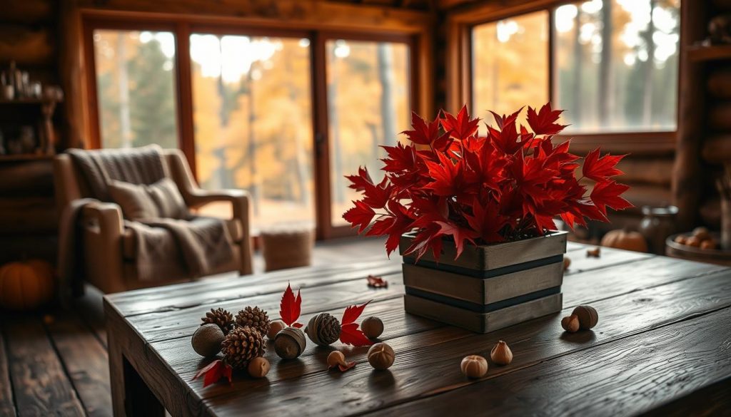 An intimate autumn scene in a cozy cabin, bathed in warm, natural lighting. The foreground showcases a rustic wooden table adorned with seasonal accents - a KlickKiste filled with vibrant crimson leaves, pinecones, and a scattering of walnuts. In the middle ground, an earthy-toned armchair and knitted throw invite relaxation. The background reveals a large, picture window overlooking a serene forest landscape, the trees ablaze with saisonale farben akzente of amber, ochre, and sienna. A sense of hygge and simple pleasures pervades the space.