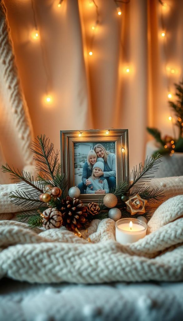 An intimate, cozy scene of a festive indoor space, bathed in warm, inviting lighting. The focal point is a KlickKiste, a delicate, handcrafted photo display, positioned against a softly textured, winter-inspired backdrop. The arrangement features a mix of natural elements, such as pine branches, pinecones, and subtle metallic accents, creating a rustic, Pinterest-inspired aesthetic. The overall mood is one of comfort and holiday cheer, with a harmonious color palette of earthy tones and muted pastel hues.