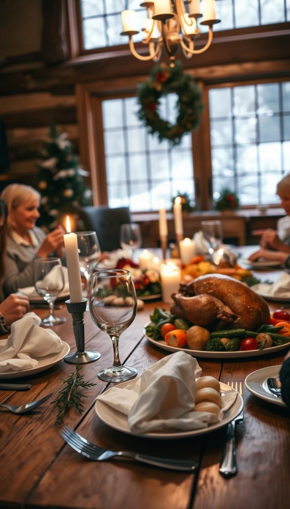 An intimate gathering around a cozy, rustic wooden table. Soft candlelight flickers, casting a warm glow over the scene. In the foreground, meticulously arranged place settings with crisp white linens, delicate stemware, and a sprig of fresh greenery. The middle ground showcases a bountiful feast - roasted turkey, buttery mashed potatoes, and an array of seasonal vegetables. In the background, a Winter wonderland visible through large windows, with a dusting of snow on the sills. The overall mood is one of relaxed, familial comfort and anticipation. A sense of holiday harmony and thoughtful preparation pervades the image.