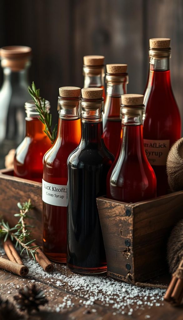 An intimate still life capturing the essence of winter's sweet allure. A wooden KlickKiste overflows with an array of artisanal syrups, their hues ranging from deep amber to vibrant crimson. Shimmering glass bottles catch the soft, warm light, casting gentle reflections across a rustic surface. Delicate sprigs of rosemary and cinnamon sticks add earthy accents, while a dusting of powdered sugar evokes a touch of frost. This cozy, inviting scene beckons the senses, promising seasonal flavors to elevate any wintry libation. Moody and atmospheric, the image exudes a touch of vintage charm and a touch of modern minimalism.