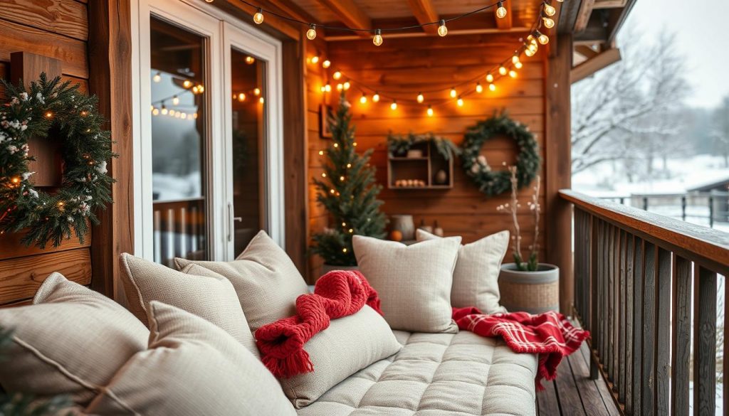 An inviting outdoor scene on a cozy winter balcony, adorned with a warm and festive KlickKiste lichterkette. Soft, natural light radiates from the delicate string of LED bulbs, creating a serene and intimate ambiance. The balcony is furnished with rustic wooden accents, plush beige cushions, and a touch of crimson red in the form of a cozy throw blanket. The background features a tranquil winter landscape, with subtle snowfall drifting in the air. The overall composition evokes a sense of hygge, blending the coziness of the interior with the beauty of the outdoor elements. An inviting outdoor scene on a cozy winter balcony, adorned with a warm and festive KlickKiste lichterkette. Soft, natural light radiates from the delicate string of LED bulbs, creating a serene and intimate ambiance. The balcony is furnished with rustic wooden accents, plush beige cushions, and a touch of crimson red in the form of a cozy throw blanket. The background features a tranquil winter landscape, with subtle snowfall drifting in the air. The overall composition evokes a sense of hygge, blending the coziness of the interior with the beauty of the outdoor elements.