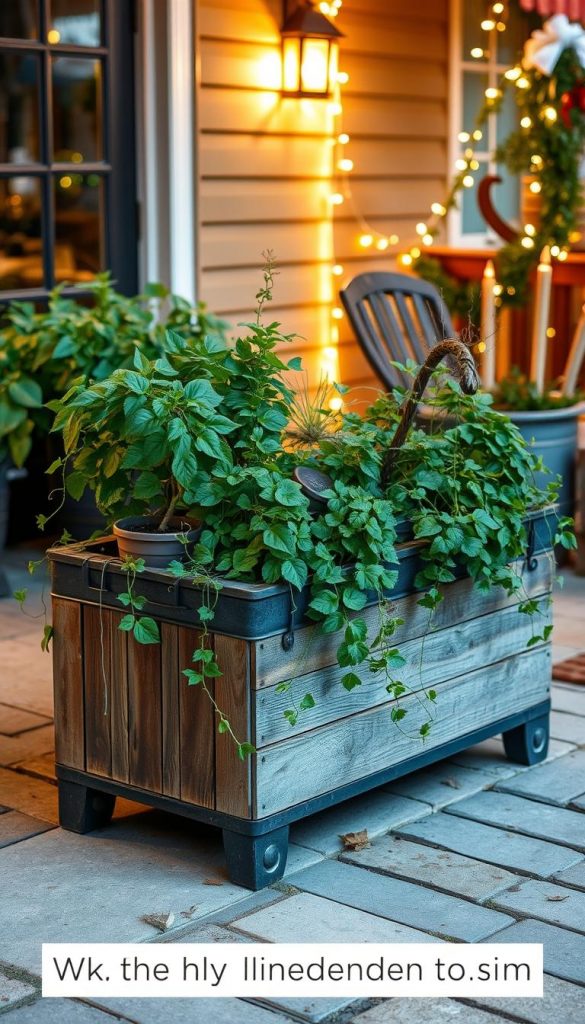 An outdoor planter box, made of weathered wood and metal, sits on a paved patio. The container is filled with lush greenery, including a mix of potted plants and trailing vines that spill over the edges. Soft, warm lighting casts a cozy glow, creating a welcoming and inviting atmosphere. The scene has a natural, rustic charm, with a touch of winter coziness, evoking a Pinterest-inspired aesthetic. The planter box is the focal point, showcasing the beauty and versatility of DIY outdoor decor.