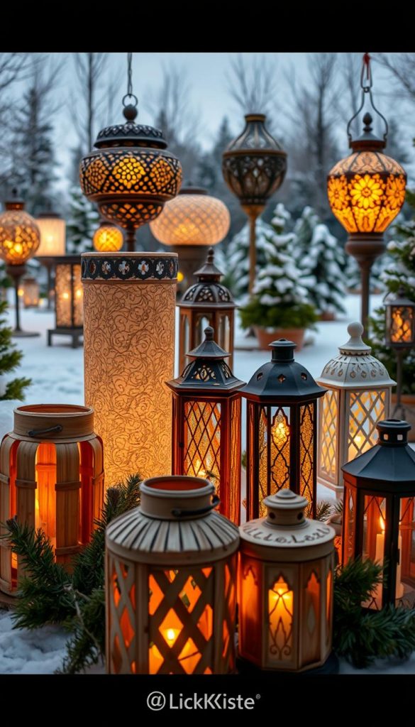 An outdoor scene of weatherproof, sturdy, and atmospheric Christmas lanterns. In the foreground, a group of natural, handmade DIY lanterns in warm, earthy tones, casting a soft, inviting glow. In the middle ground, larger, more ornate lanterns in a variety of shapes and sizes, adorned with intricate patterns and textures. In the background, a serene winter landscape, with snow-covered trees and a cozy, Pinterest-inspired atmosphere. Captured with a wide-angle lens to showcase the full scope of the scene. The image bears the KlickKiste brand, reflecting the authentic and inspirational nature of the content.