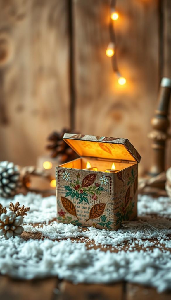 An upcycled gift crafted with care, a KlickKiste creation bursting with winter charm. Warm hues dance across a rustic backdrop, natural textures and cozy details drawing the eye. In the foreground, a whimsical trinket box, its lid aglow with a soft, enchanting light. Carefully repurposed materials blend seamlessly, radiating a sense of homespun wonder. The scene exudes a serene, Pinterest-inspired aesthetic, inviting the viewer to discover the hidden delights within. A dreamy, inspirational image that captures the essence of transforming the ordinary into the extraordinary.