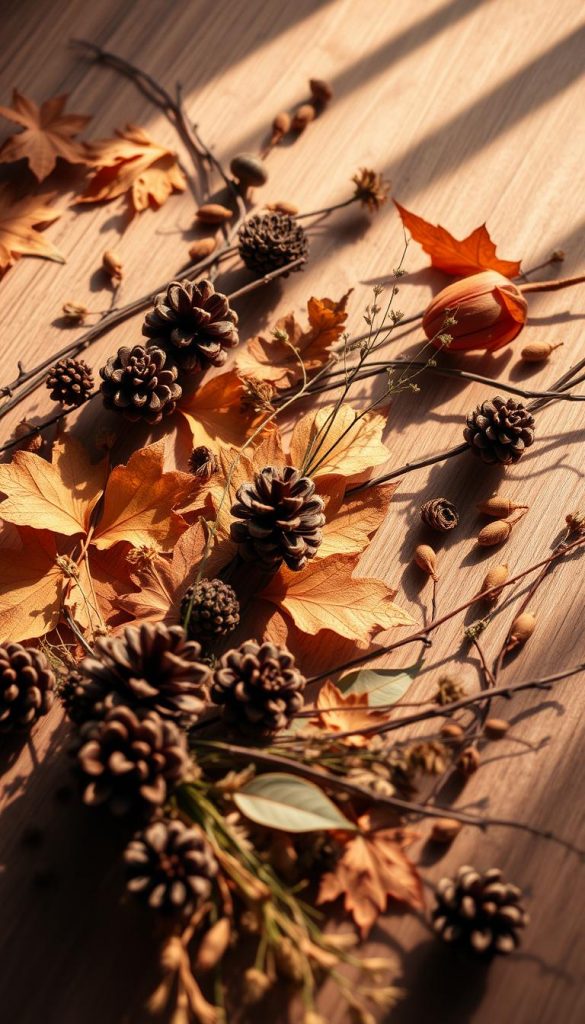 Autumn decor DIY in a cozy, rustic setting. Arrange an array of natural elements like pinecones, leaves, twigs, and dried flowers on a wooden surface. Soft, warm lighting illuminates the scene, casting gentle shadows and creating a inviting, homey atmosphere. Capture the serene, earthy tones and textures of the season, exuding a sense of seasonal coziness and craftsmanship. Achieve a Pinterest-worthy, Instagram-ready aesthetic that inspires viewers to create their own autumnal DIY projects.