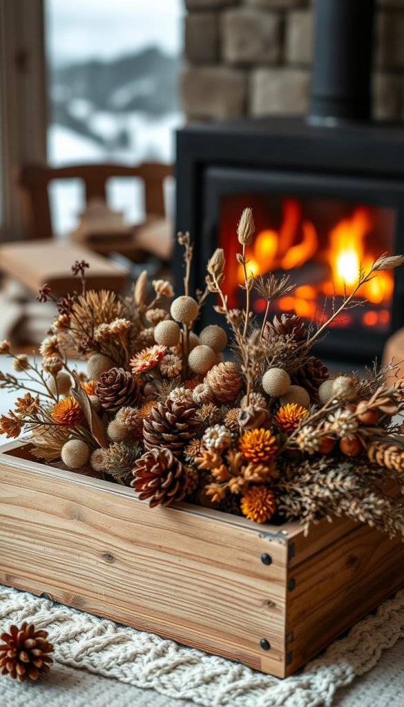 Autumnal moodboard with warm, rustic tones and cozy winter vibes. A soft, natural arrangement of dried flowers, pine cones, and seasonal foliage in a vintage wooden KlickKiste box. Gentle side lighting illuminates the textures and earthy palette, creating a serene, Pinterest-inspired aesthetic. In the background, a blurred backdrop of snowy landscapes and a roaring fireplace adds to the inviting, homely atmosphere. The overall mood is one of calm, mindful reflection on the changing seasons.